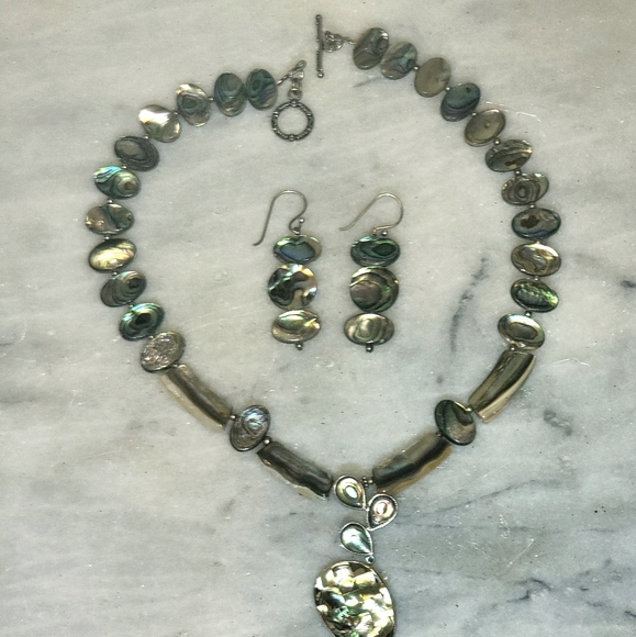 Abalone Sterling 925 Necklace 17.5" 4" Pendant 2" Earrings Set - Picture 4 of 7